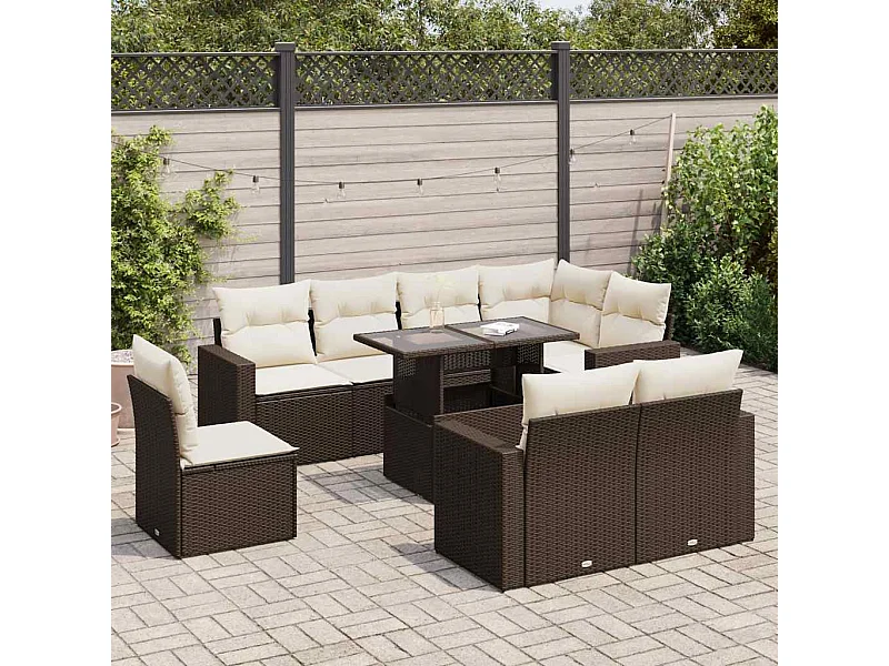 Salon de jardin avec coussins 9 pièces marron résine tressée