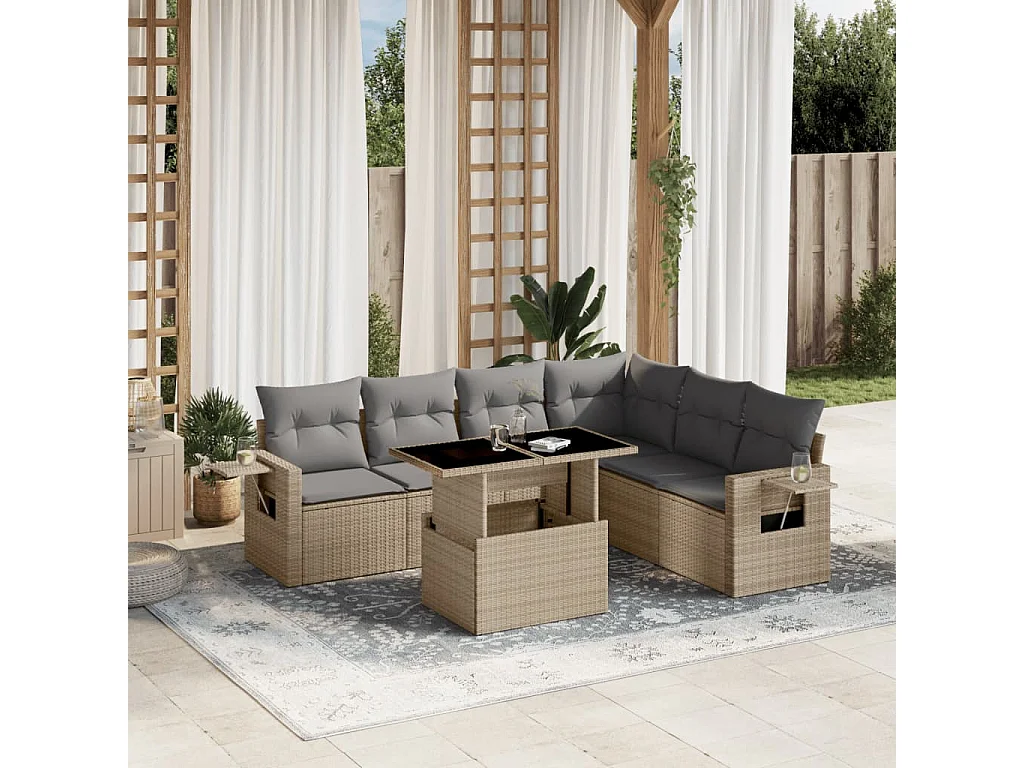 7 peças conjunto de sofás para jardim com almofadões vime PE bege