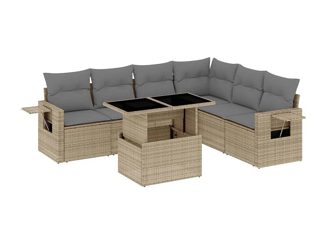 7 peças conjunto de sofás para jardim com almofadões vime PE bege