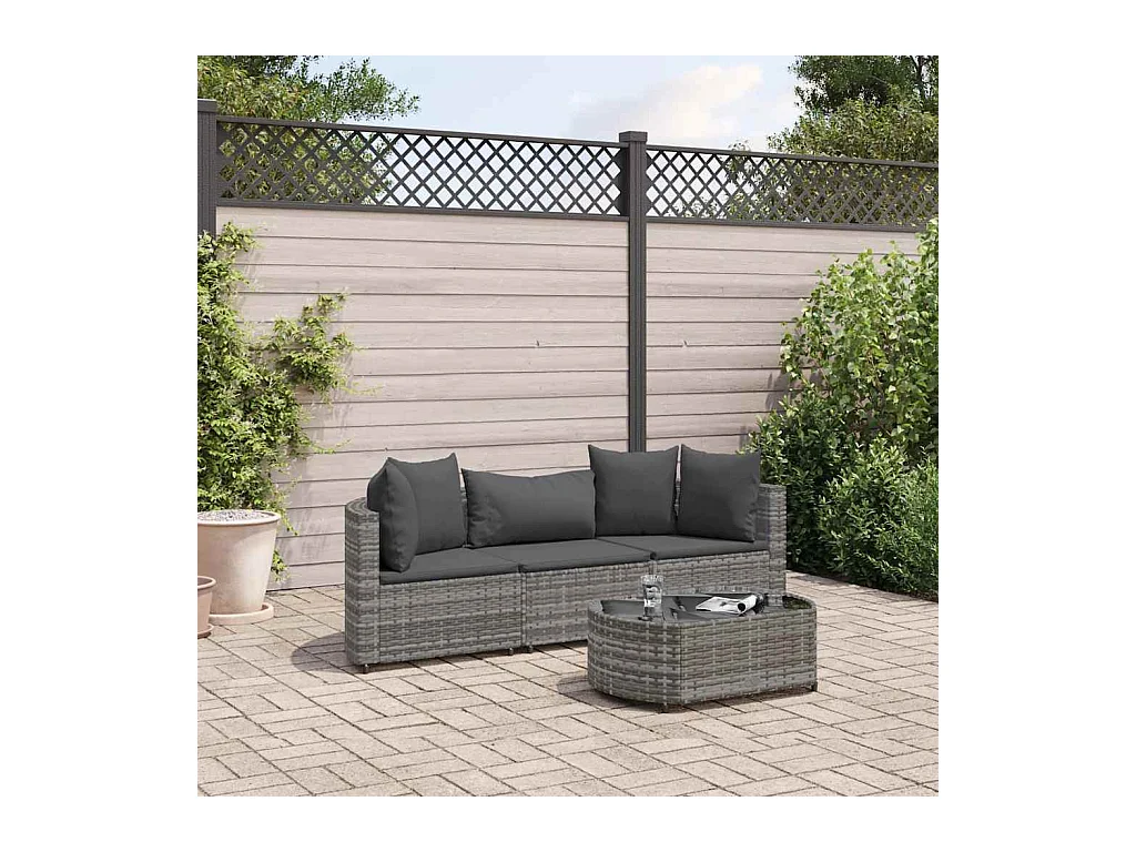 4 peças conjunto sofás de jardim com almofadões vime PE cinzento