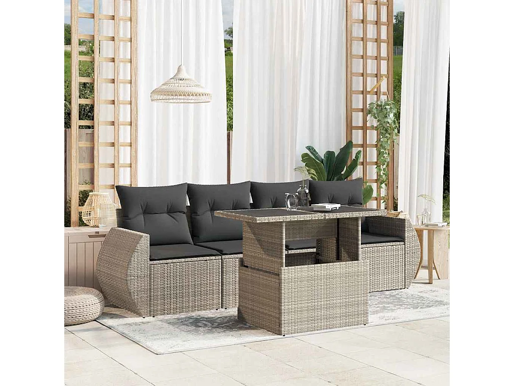 Set de sofás jardín y cojines 5 piezas ratán sintético gris claro