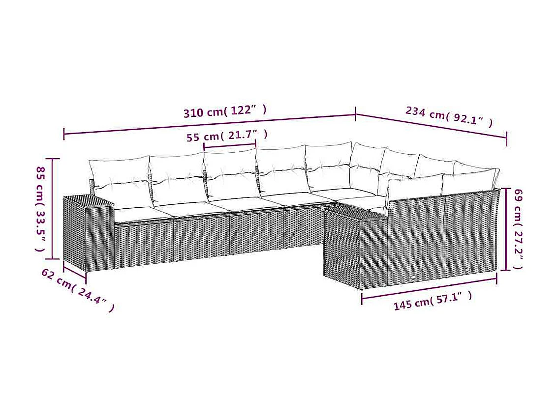 9-delige Loungeset met kussens poly rattan lichtgrijs