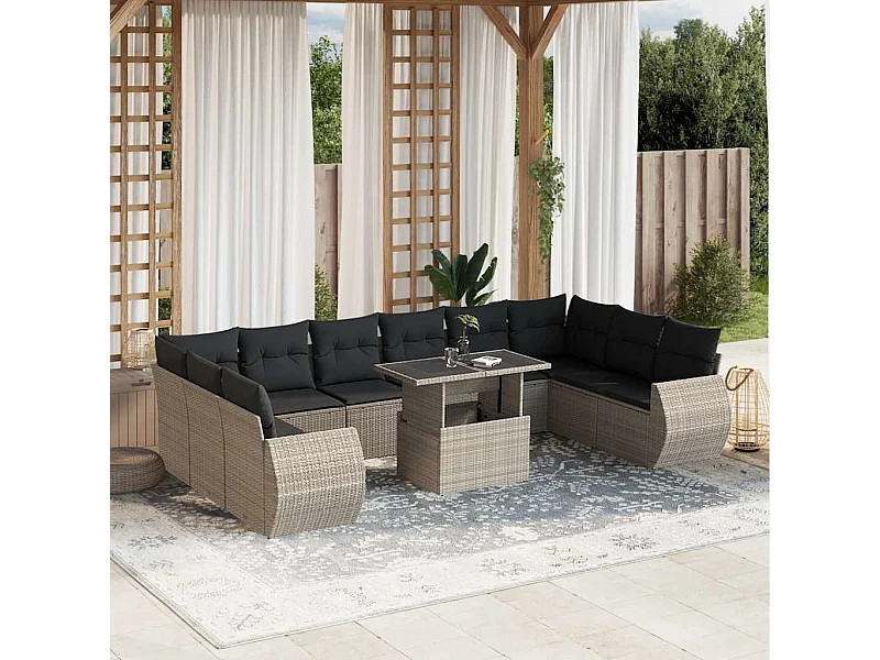 11 peças conjunto sofás de jardim com almofadões vime PE cinzento