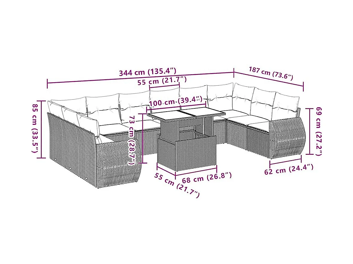 Salon de jardin 11 pièces avec coussins gris clair résine tressée