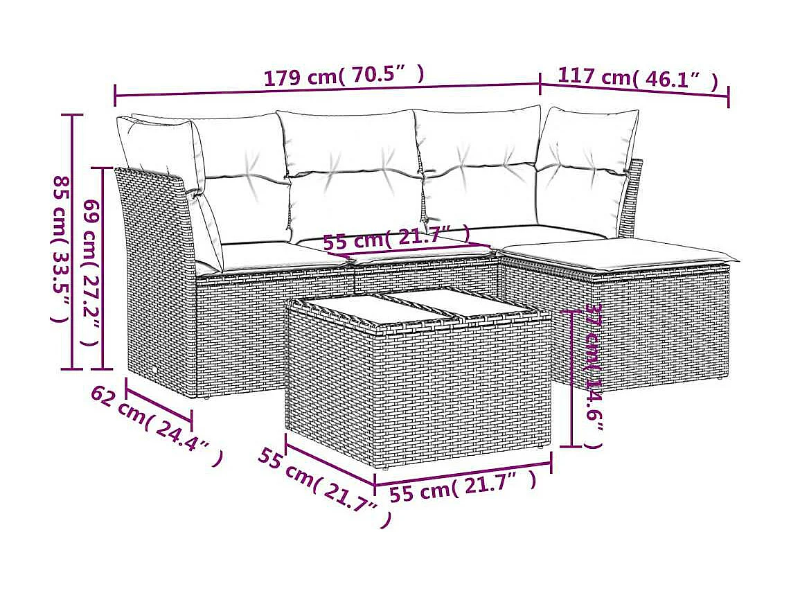 5-delige Loungeset met kussens poly rattan lichtgrijs