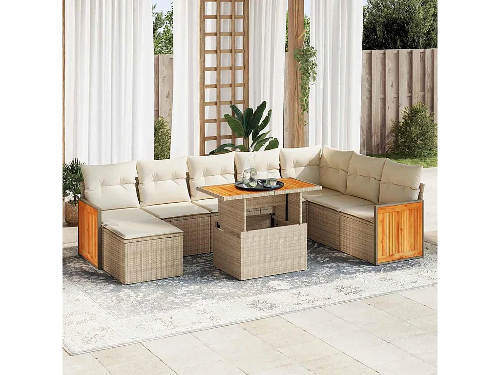 Salon de jardin avec coussins 7 pièces beige résine tressée acacia