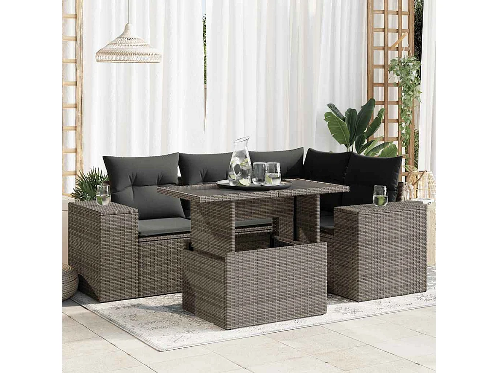5-delige Loungeset met kussens poly rattan grijs