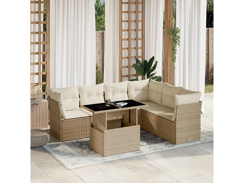 Salon de jardin avec coussins 7 pièces beige résine tressée