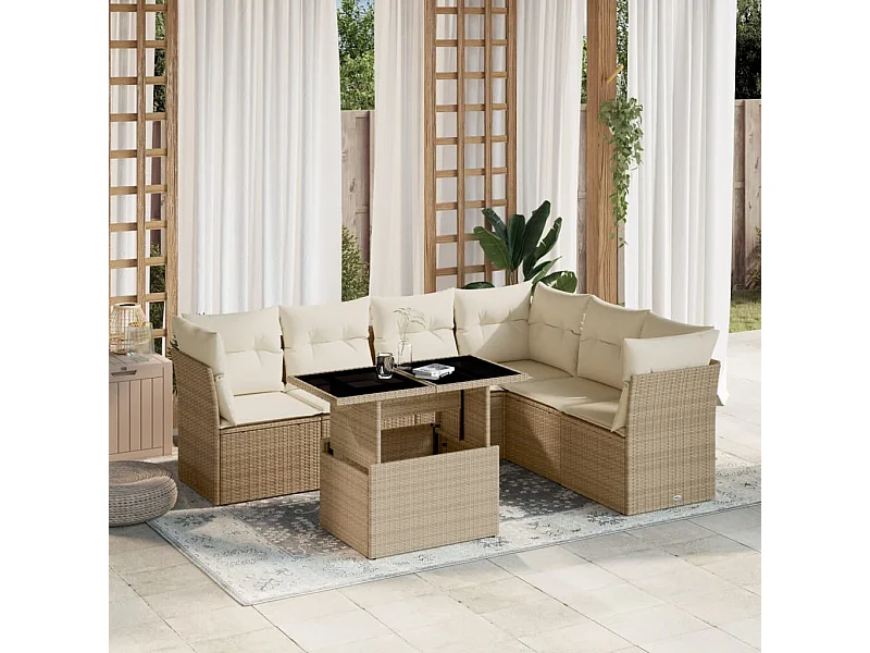 Set sofás de jardín 7 piezas y cojines ratán sintético beige
