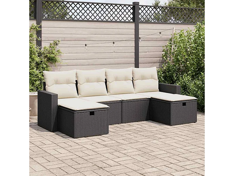 Salon de jardin 6 pièces avec coussins noir résine tressée