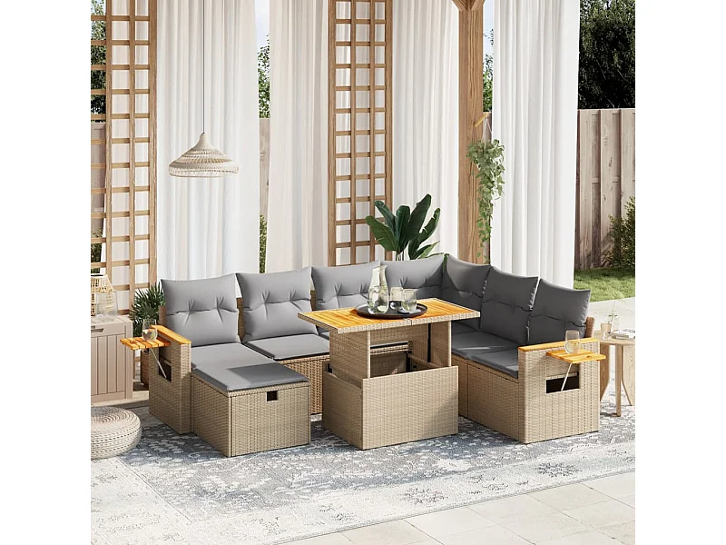 Salon de jardin avec coussins 8 pièces beige résine tressée