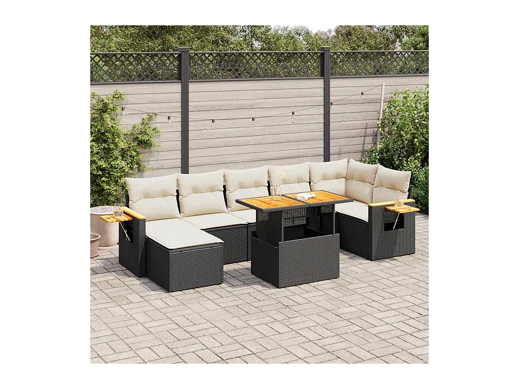Salon de jardin avec coussins 8 pièces noir résine tressée acacia
