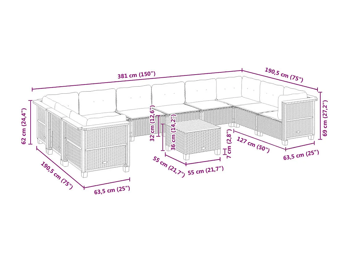 Salon de jardin 11 pièces avec coussins noir résine tressée
