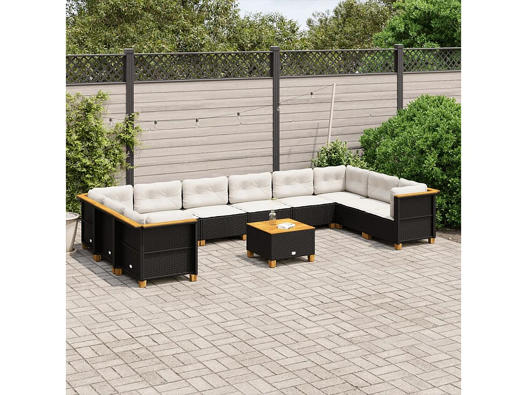 Salon de jardin 11 pièces avec coussins noir résine tressée