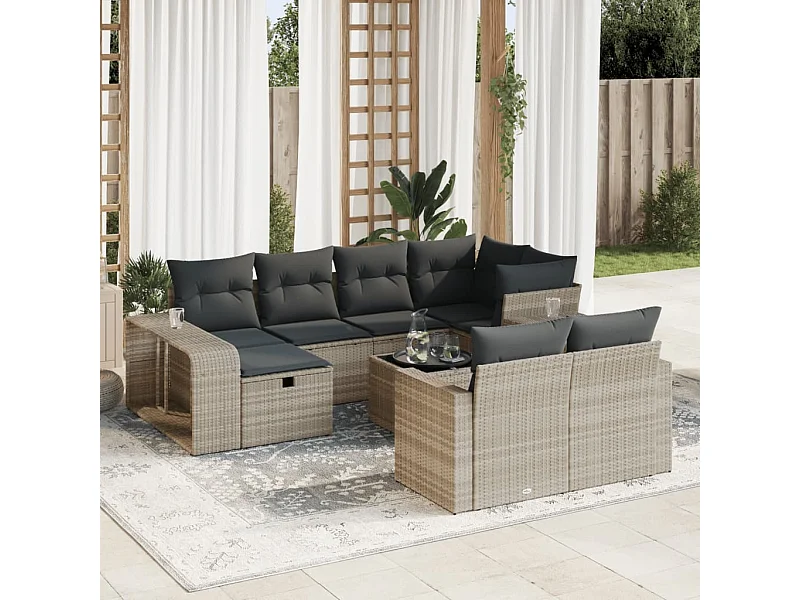 11 peças conjunto sofás de jardim com almofadões vime PE cinzento