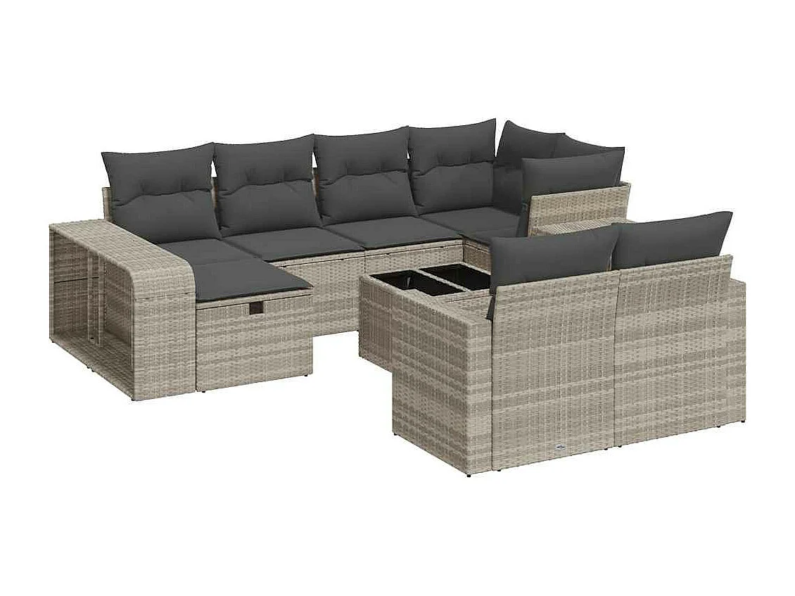 11 peças conjunto sofás de jardim com almofadões vime PE cinzento