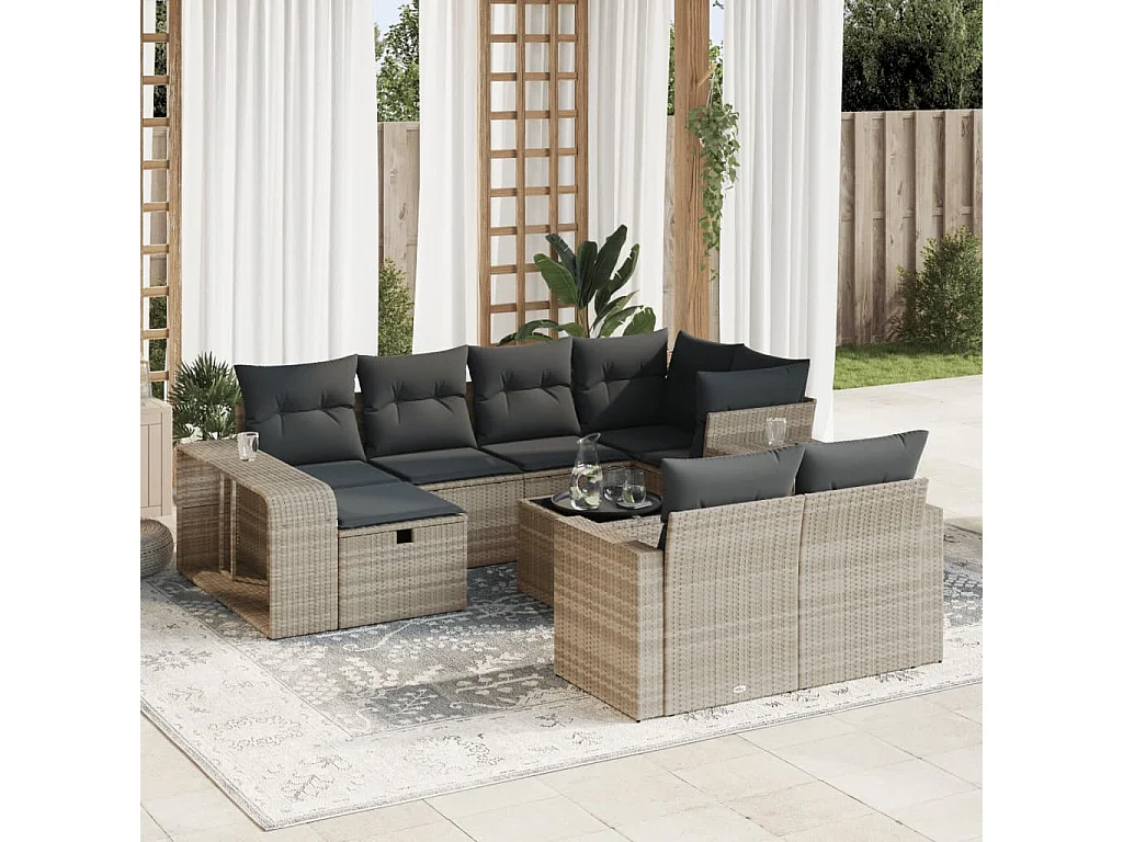 Salon de jardin 11 pièces avec coussins gris clair résine tressée