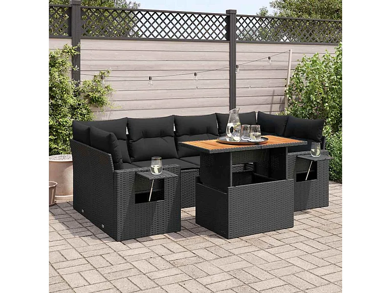 7 peças conjunto de sofás para jardim com almofadões vime PE preto