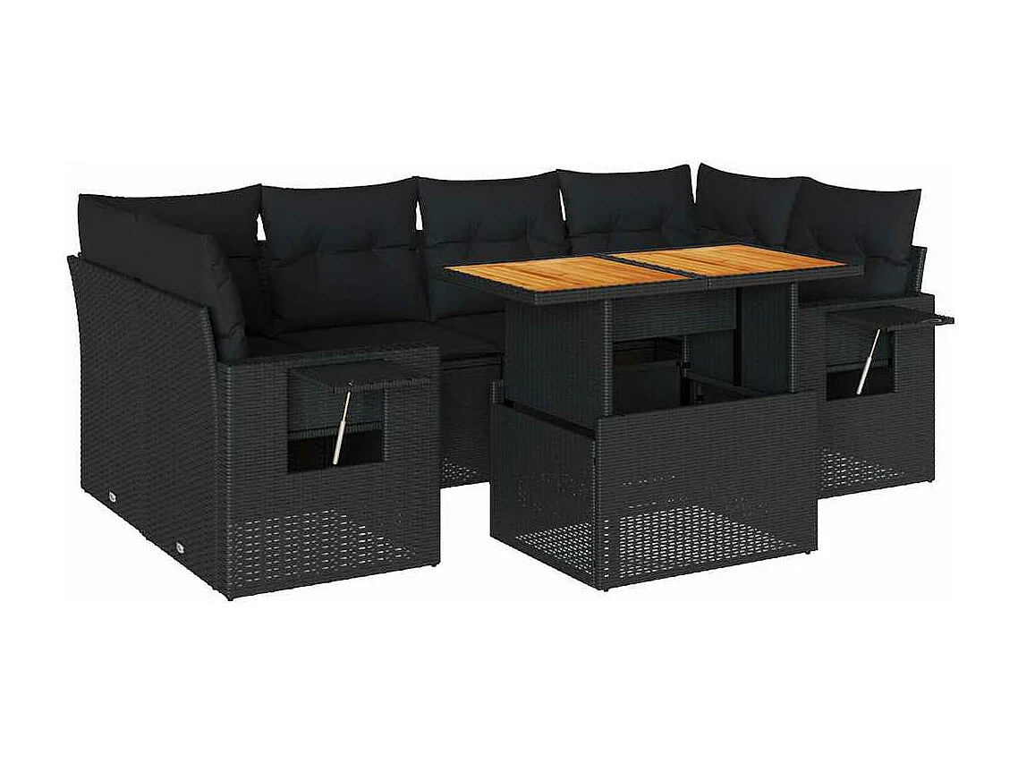 Set de sofás de jardín 7 piezas con cojines ratán sintético negro
