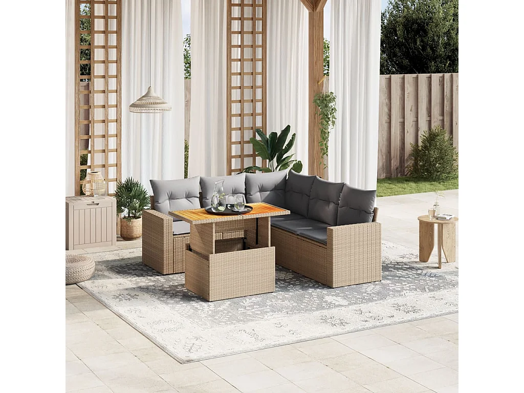 Salon de jardin avec coussins 6 pièces beige résine tressée