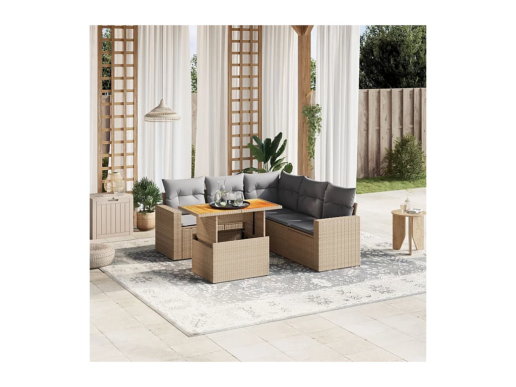 6-delige Loungeset met kussens poly rattan beige