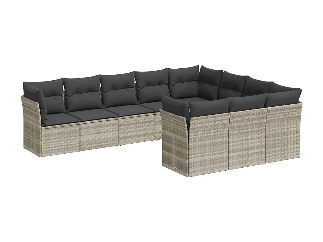 10-delige Loungeset met kussens poly rattan lichtgrijs