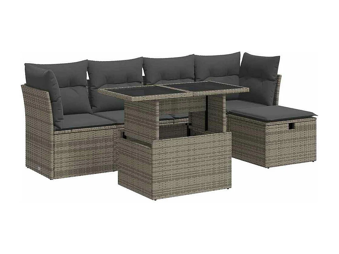 6-delige Loungeset met kussens poly rattan grijs