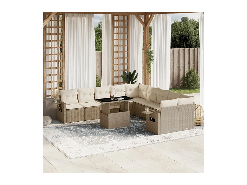 Salon de jardin 11 pièces avec coussins beige résine tressée