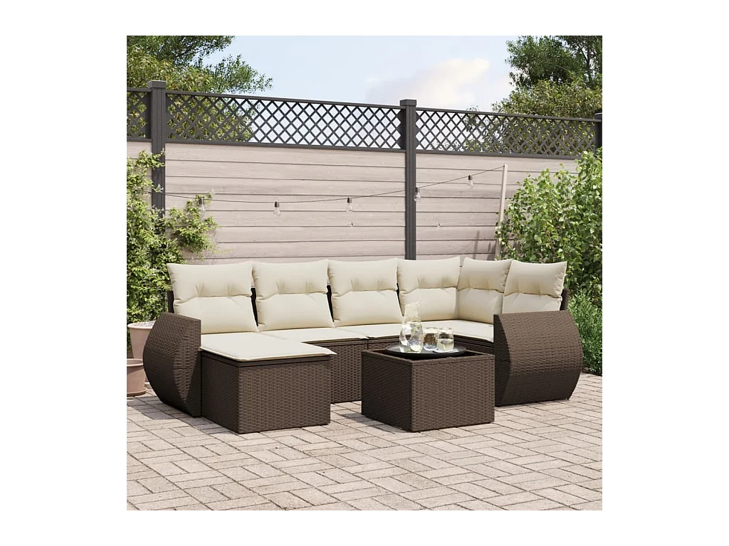 Salon de jardin avec coussins 7 pièces marron résine tressée