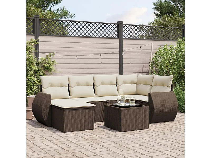 7 peças conjunto de sofás jardim com almofadões vime PE castanho