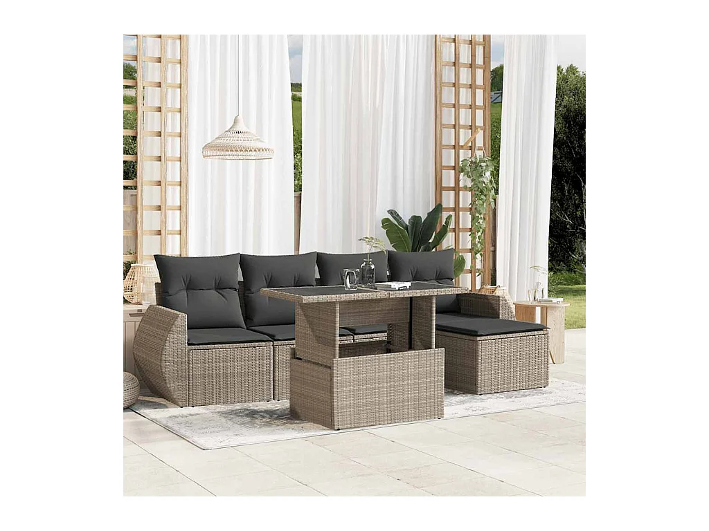 6-delige Loungeset met kussens poly rattan lichtgrijs