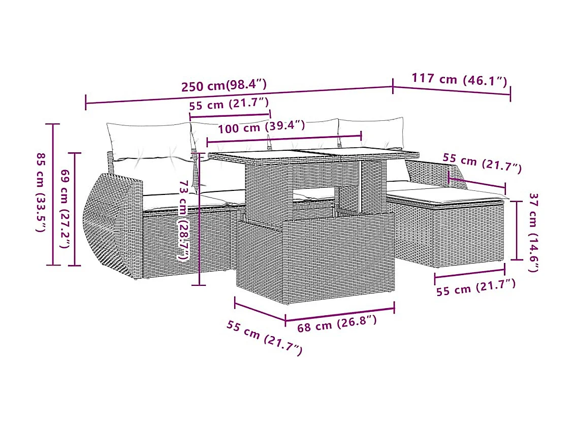 Salon de jardin 6 pièces avec coussins gris clair résine tressée