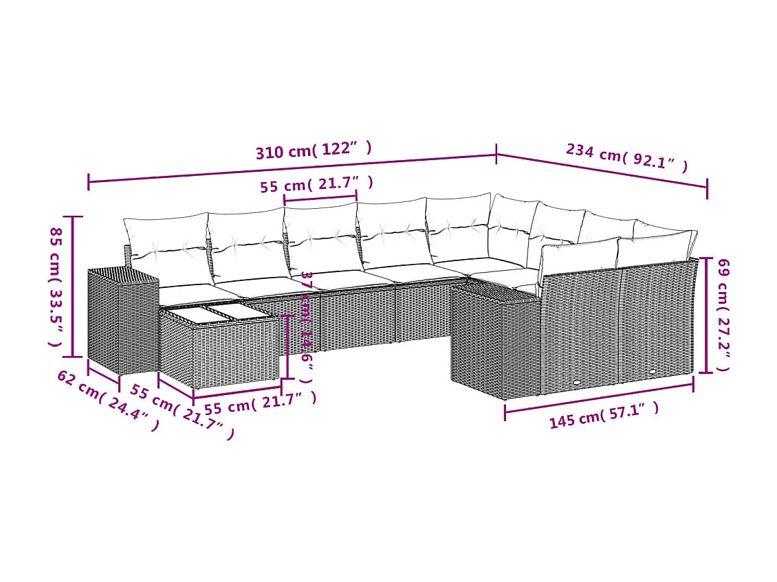 Salon de jardin 10 pièces avec coussins marron résine tressée