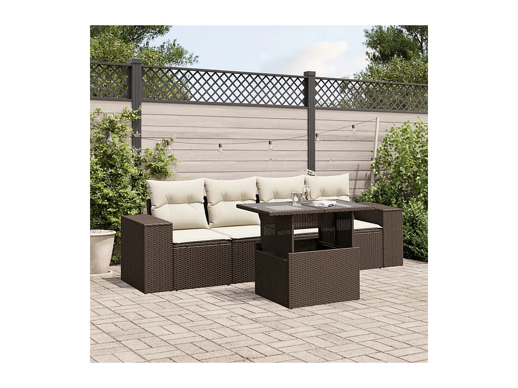 5-delige Loungeset met kussens poly rattan bruin