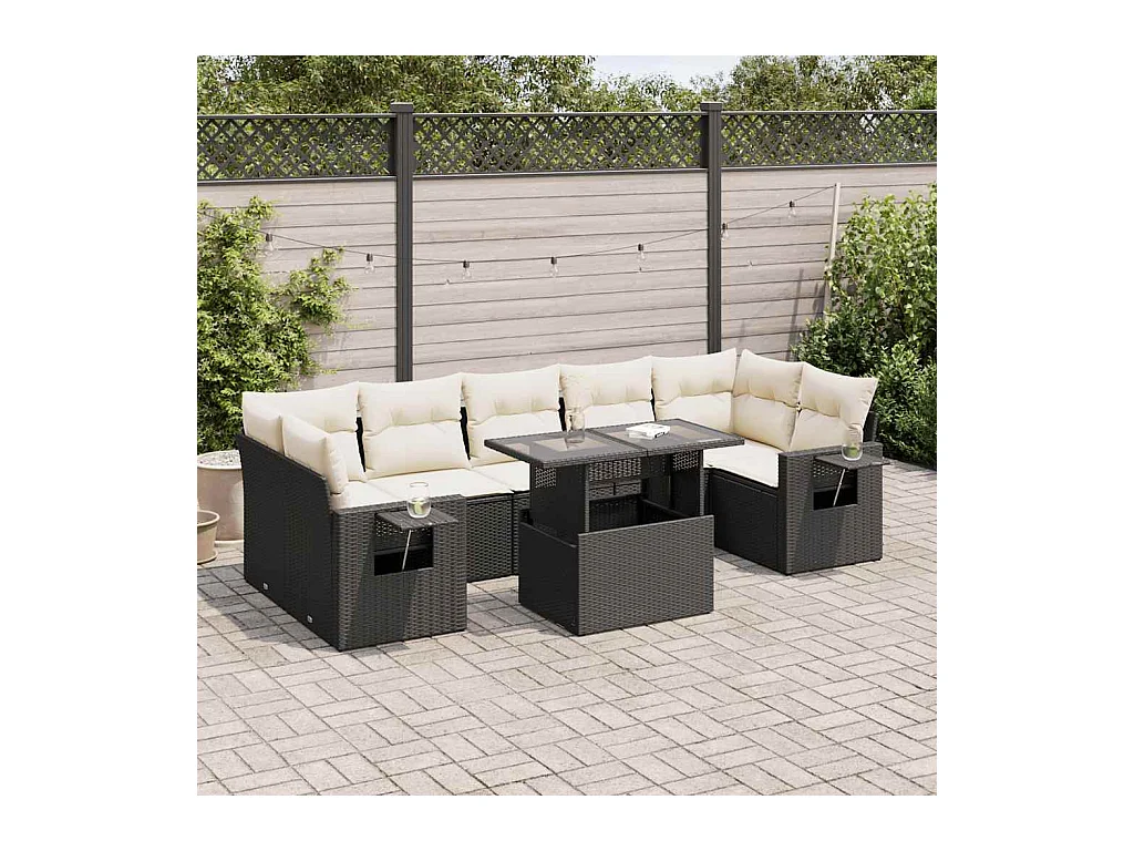 8-delige Loungeset met kussens poly rattan zwart