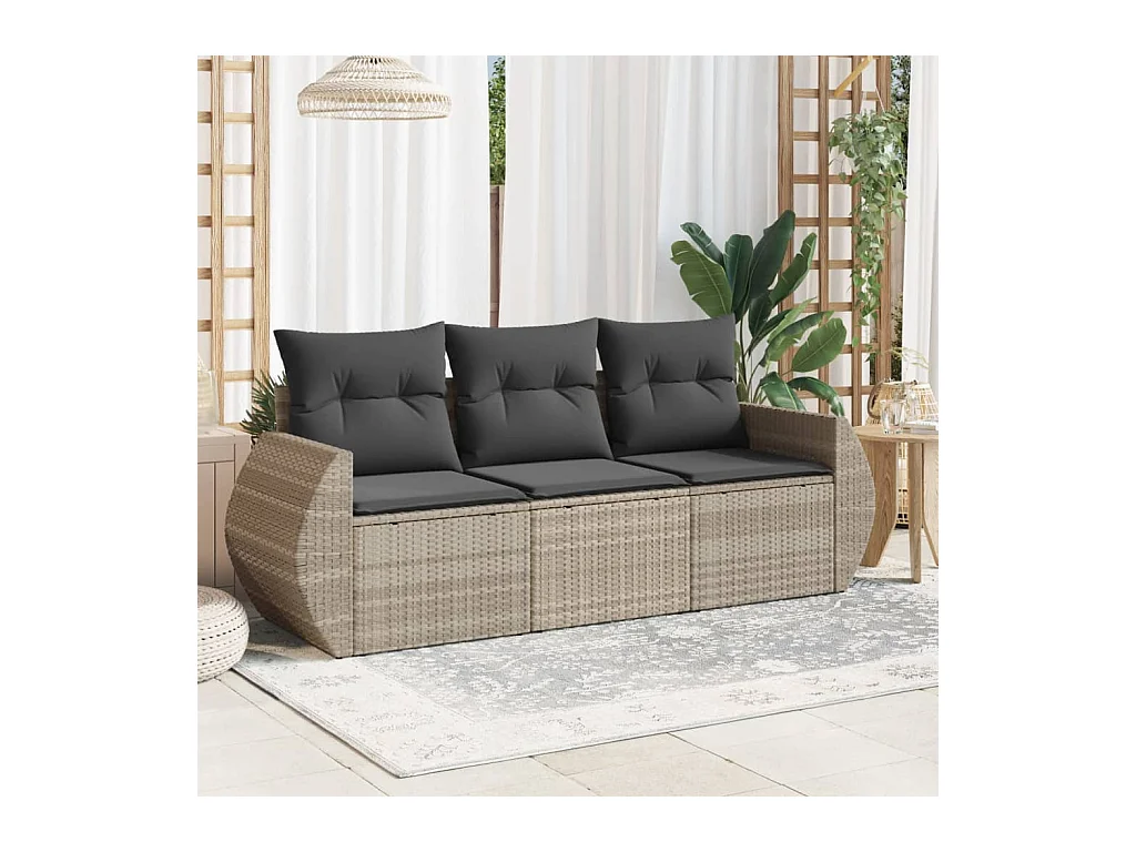 3-delige Loungeset met kussens poly rattan lichtgrijs