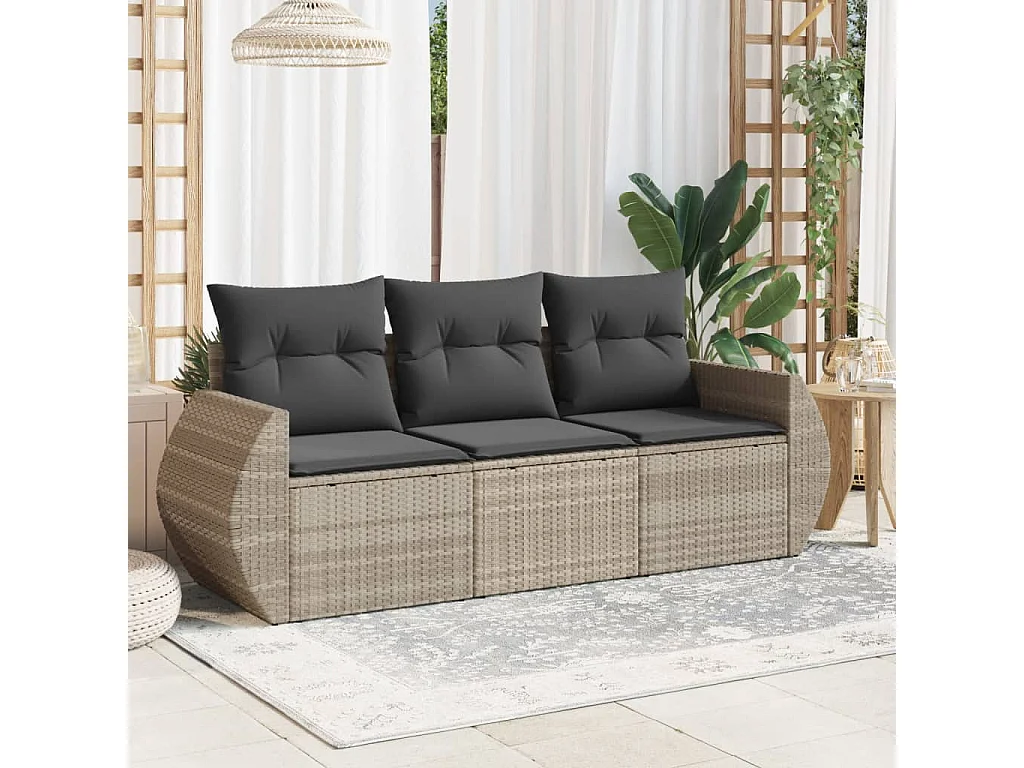 3-delige Loungeset met kussens poly rattan lichtgrijs