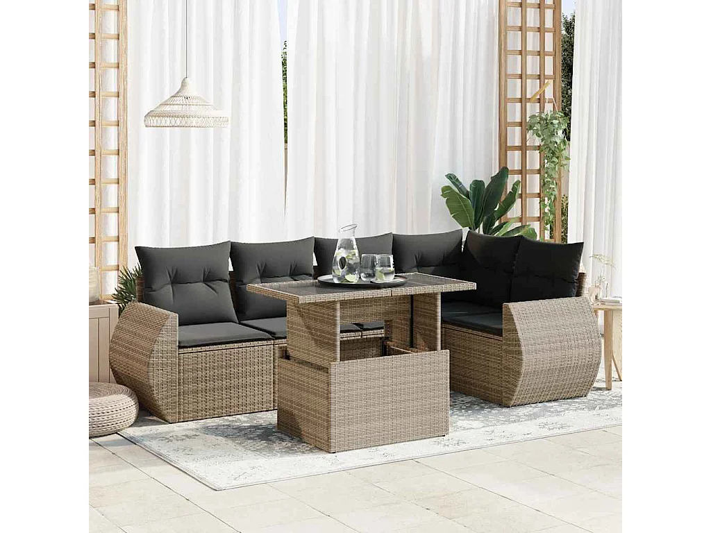 6-delige Loungeset met kussens poly rattan grijs