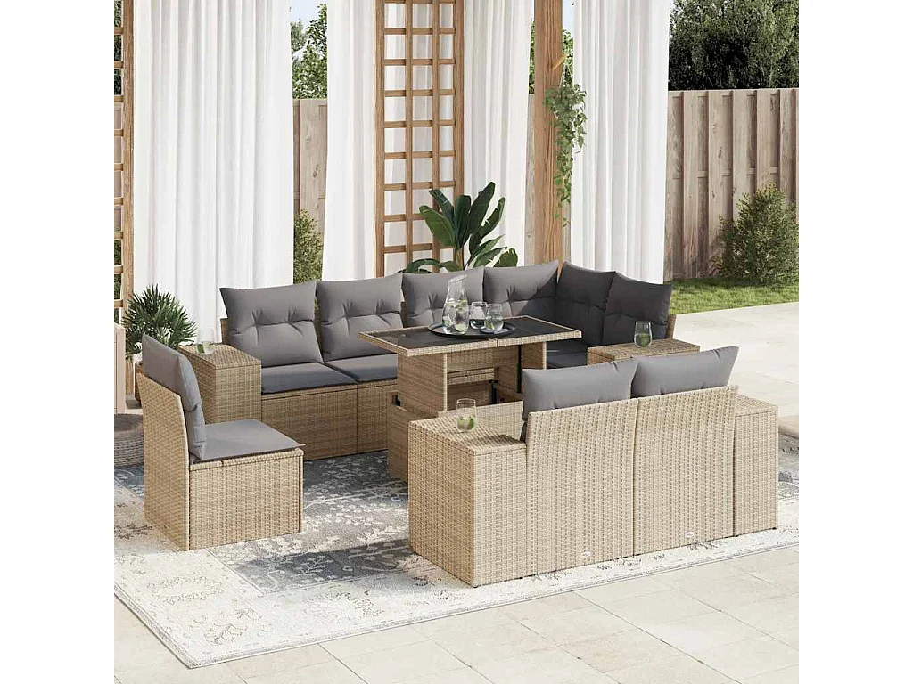 Salon de jardin avec coussins 9 pièces beige résine tressée