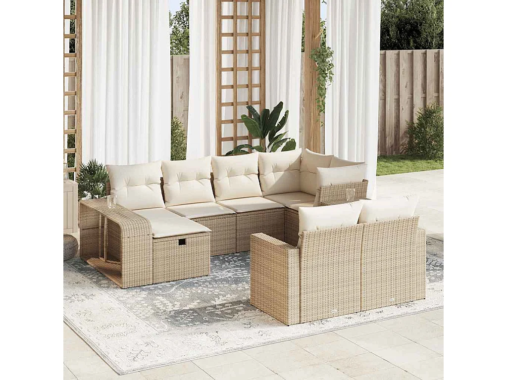 Salon de jardin avec coussins 10 pièces beige résine tressée