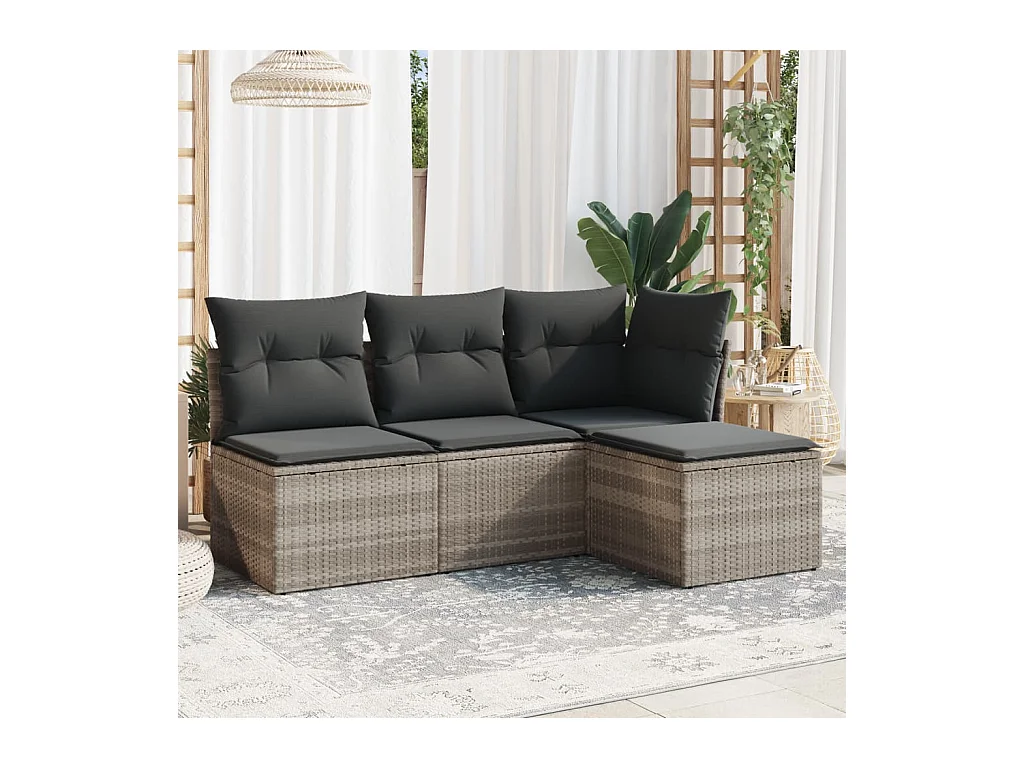Set de sofás de jardín 4 piezas y cojines ratán sintético gris