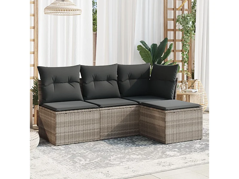 Salon de jardin 4 pièces avec coussins gris clair résine tressée