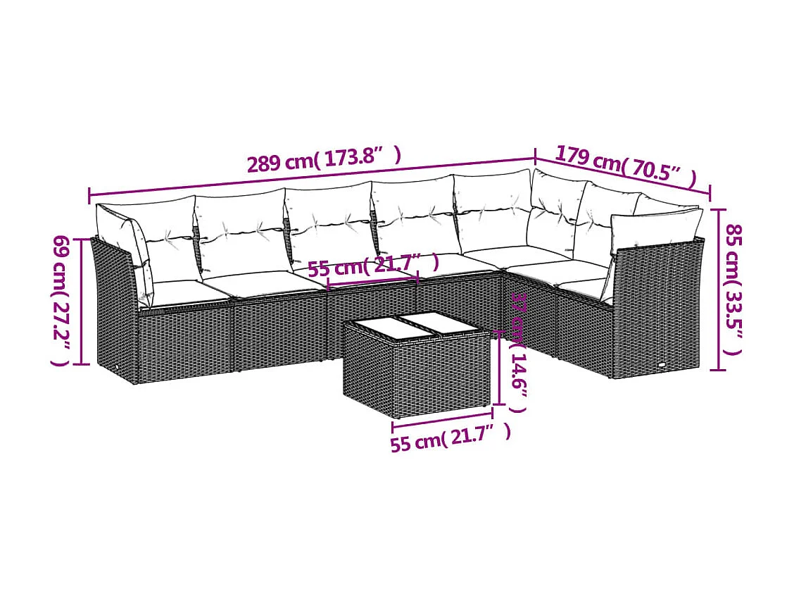 8-delige Loungeset met kussens poly rattan bruin