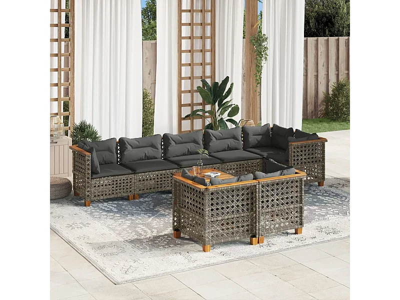 Set de muebles de jardín 9 piezas y cojines ratán sintético gris