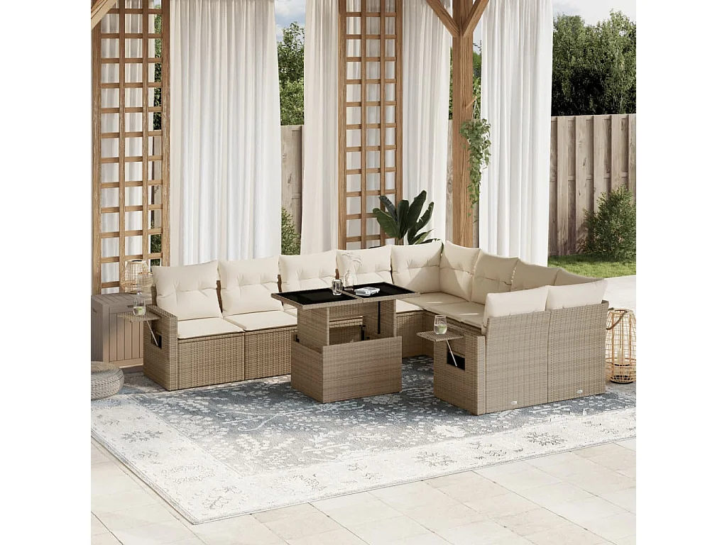 Salon de jardin avec coussins 10 pièces beige résine tressée