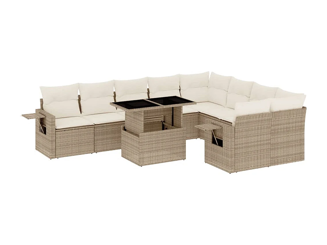 Salon de jardin avec coussins 10 pièces beige résine tressée