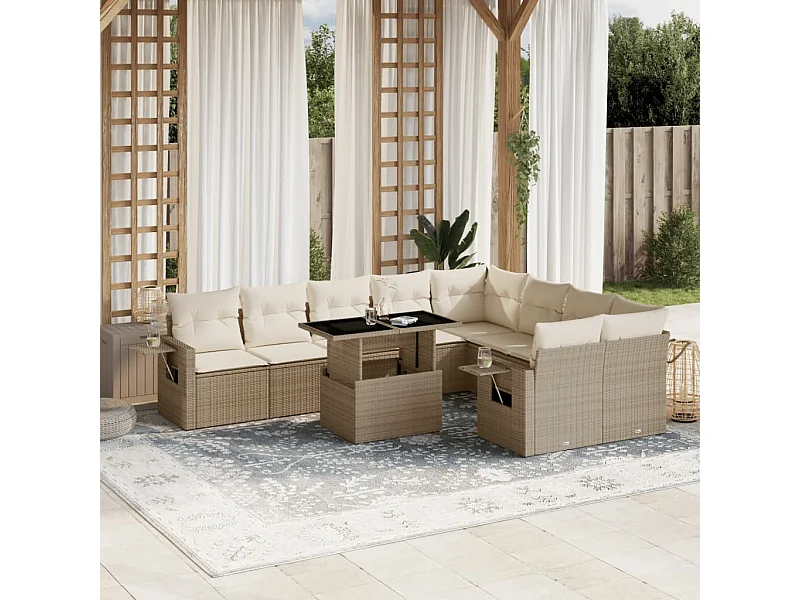 Salon de jardin avec coussins 10 pièces beige résine tressée