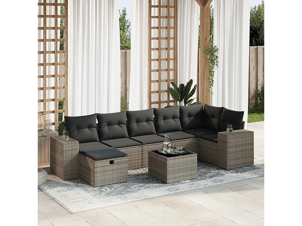 Salon de jardin 8 pièces avec coussins gris résine tressée