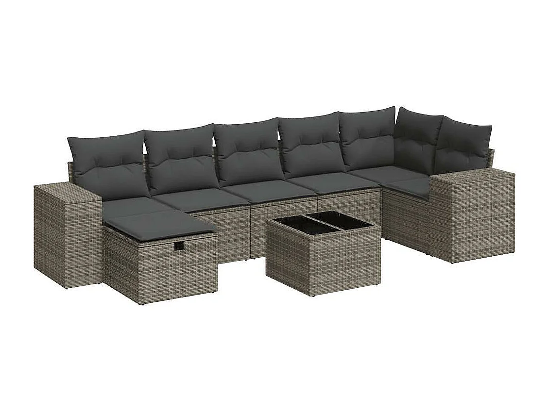 Salon de jardin 8 pièces avec coussins gris résine tressée