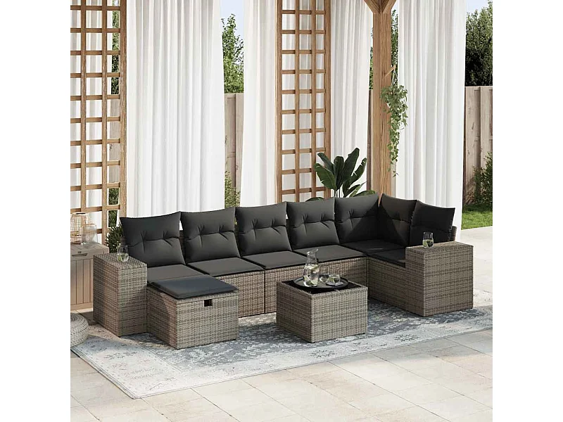 Salon de jardin 8 pièces avec coussins gris résine tressée
